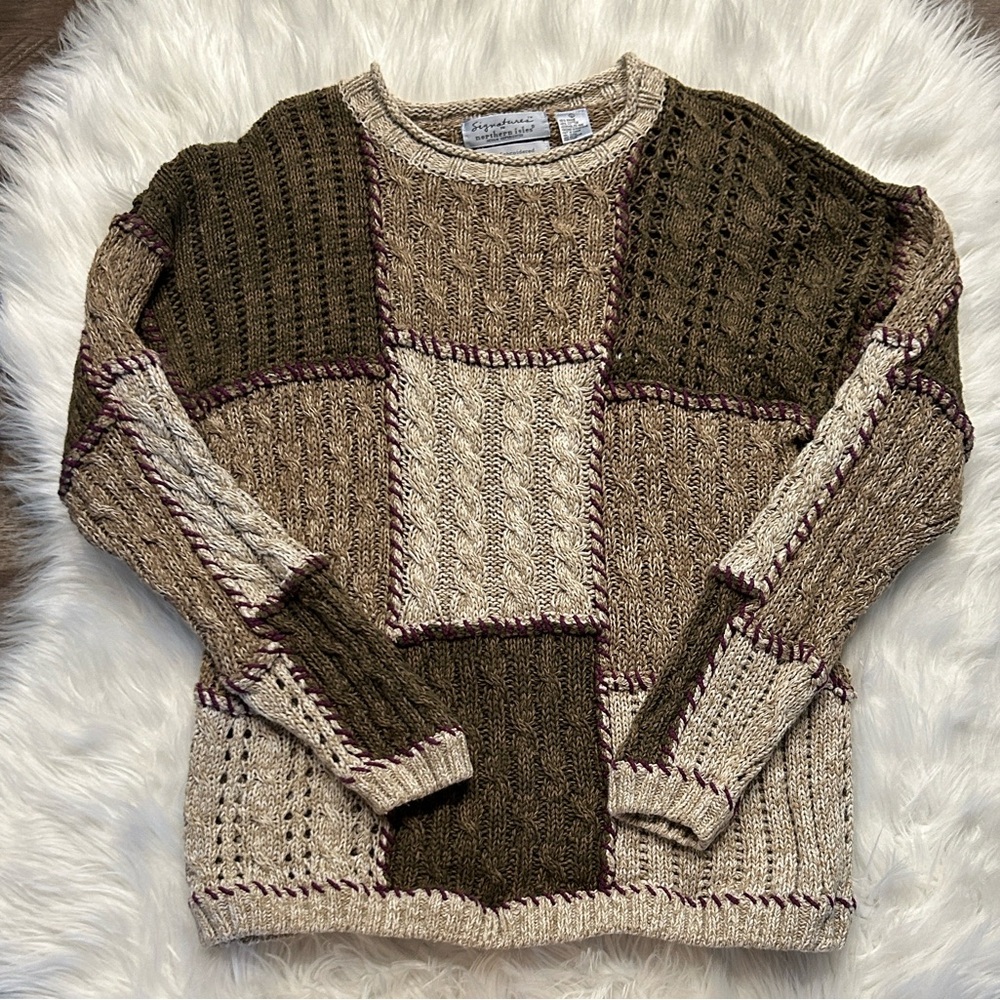 Patchwork Crew Neck Sweater - Olive and Beige